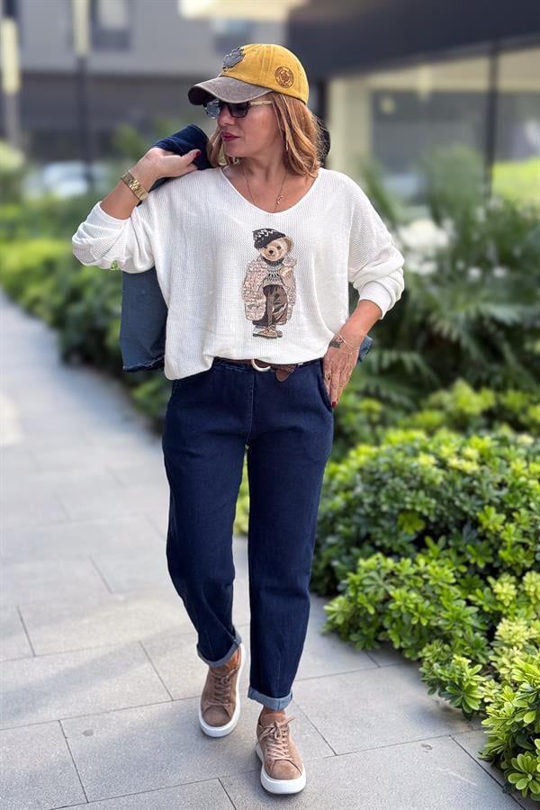 Örgü Deri Kemerli Likralı Kot Pantolon Mavi Renk