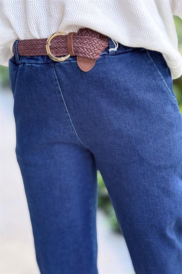 Örgü Deri Kemerli Likralı Kot Pantolon Mavi Renk