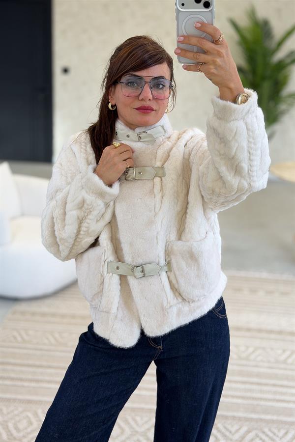 Örgü Desenli Dik Yaka Angora Ceket Krem Renk