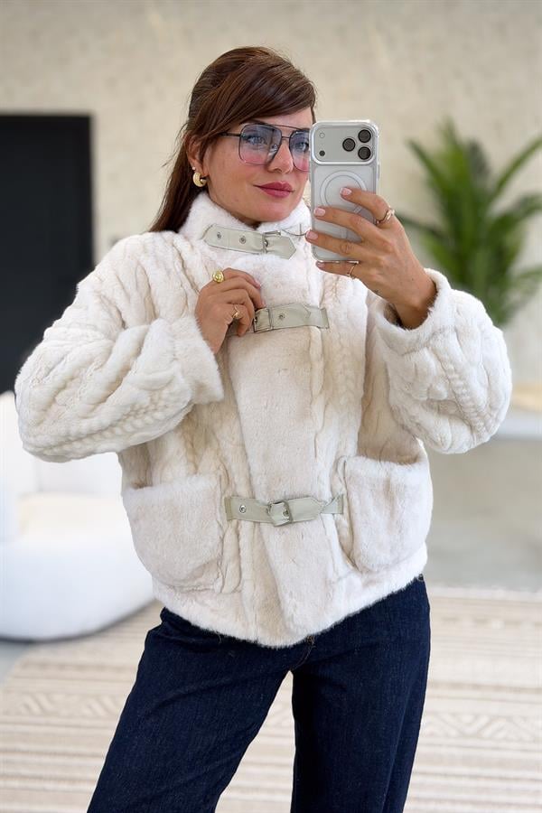 Örgü Desenli Dik Yaka Angora Ceket Krem Renk