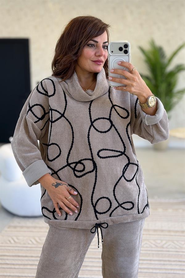 Örgü Halat Desenli Alt Üst Kadife Takım Açık Vizon Renk