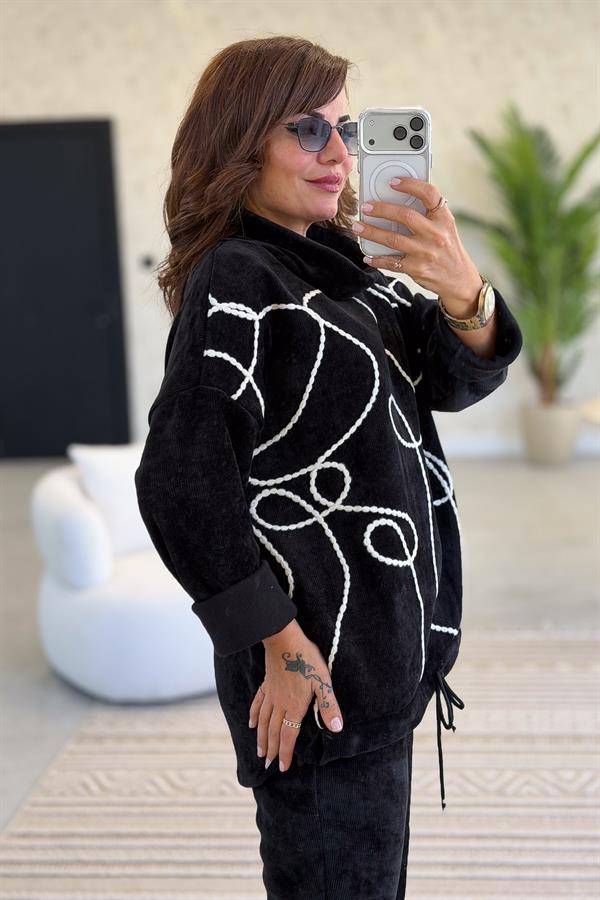 Örgü Halat Desenli Alt Üst Kadife Takım Siyah Renk