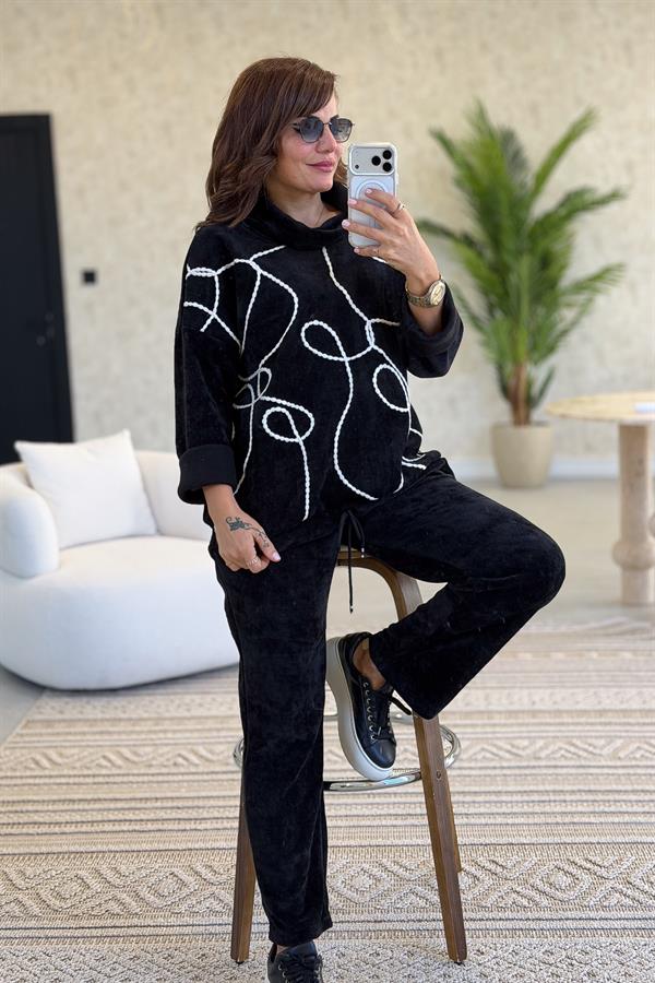 Örgü Halat Desenli Alt Üst Kadife Takım Siyah Renk