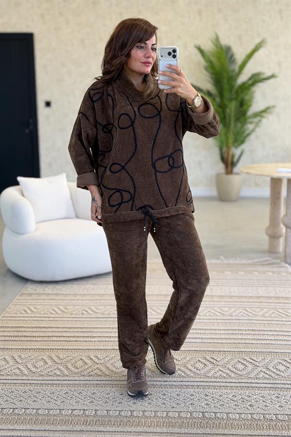 Örgü Halat Desenli Alt Üst Kadife Takım Kahverengi Renk