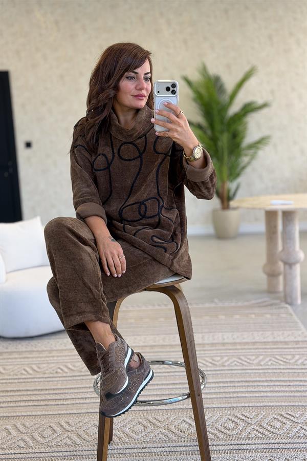 Örgü Halat Desenli Alt Üst Kadife Takım Kahverengi Renk