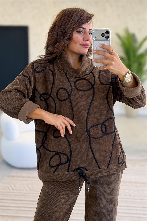 Örgü Halat Desenli Alt Üst Kadife Takım Kahverengi Renk