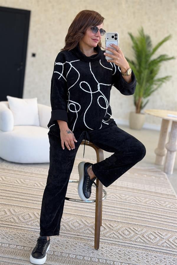 Örgü Halat Desenli Alt Üst Kadife Takım Siyah Renk