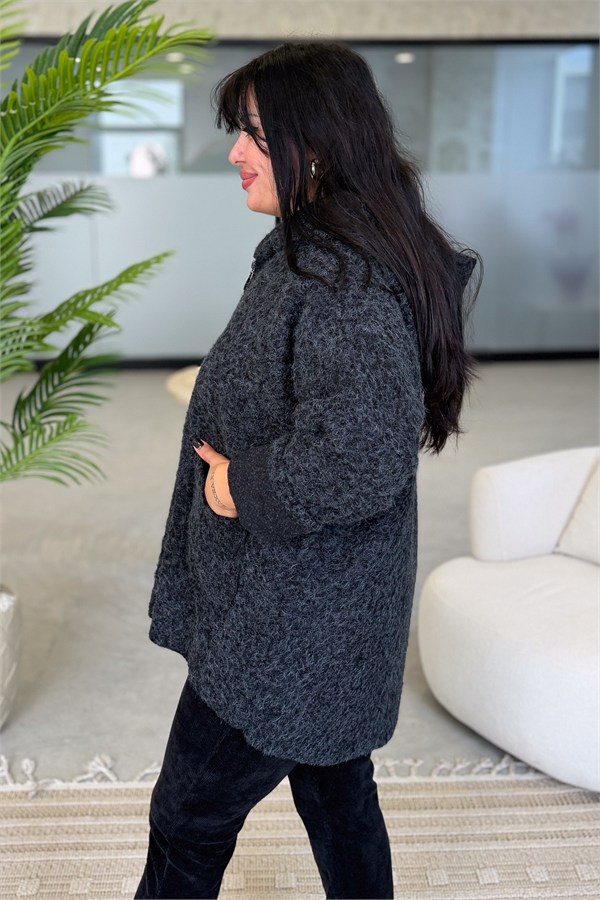 Oversize Kalıp Keçe Kaban Siyah Renk