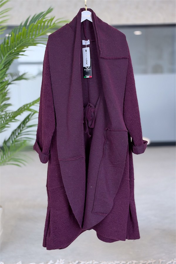 Oversize Kalıp Önden Bağlamalı Uzun Boy Keçe Kaban Bordo Renk