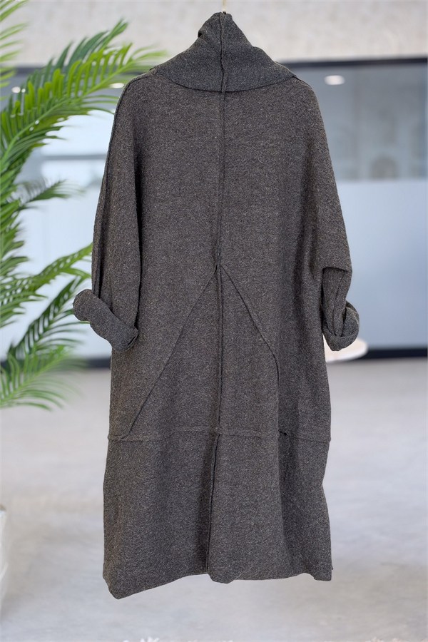Oversize Kalıp Önden Bağlamalı Uzun Boy Keçe Kaban Haki Renk