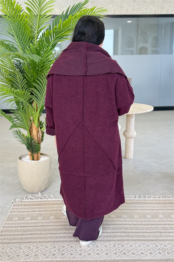 Oversize Kalıp Önden Bağlamalı Uzun Boy Keçe Kaban Bordo Renk