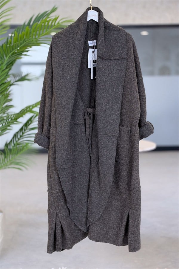 Oversize Kalıp Önden Bağlamalı Uzun Boy Keçe Kaban Haki Renk
