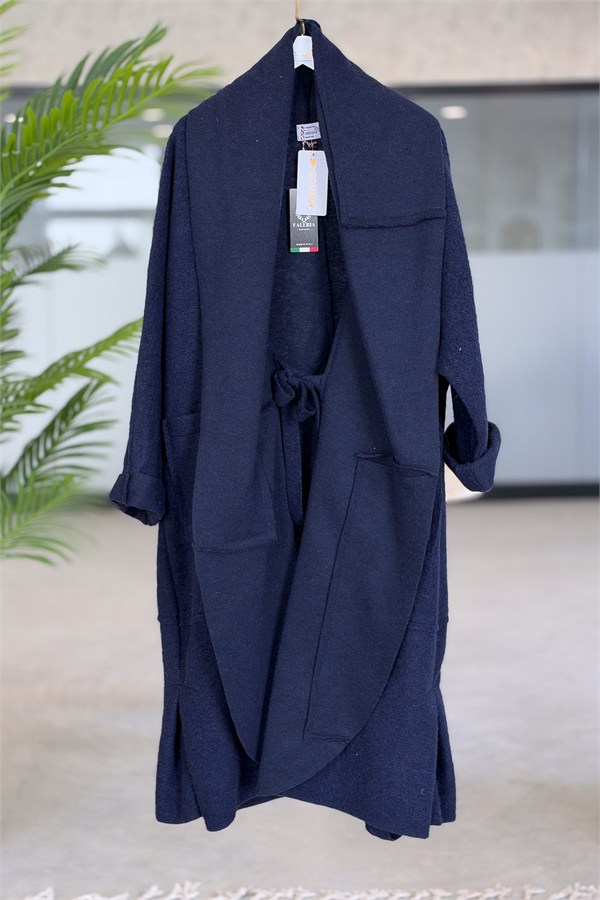 Oversize Kalıp Önden Bağlamalı Uzun Boy Keçe Kaban Lacivert Renk