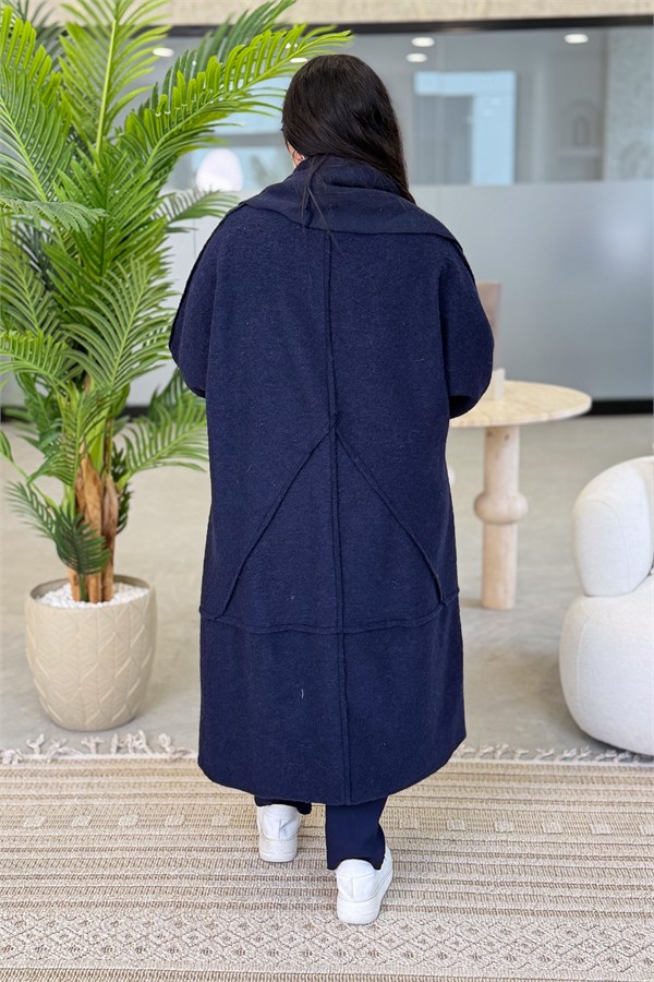 Oversize Kalıp Önden Bağlamalı Uzun Boy Keçe Kaban Lacivert Renk