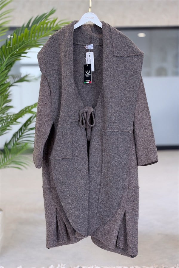 Oversize Kalıp Önden Bağlamalı Uzun Boy Keçe Kaban Vizon RenkMONT & KABAN