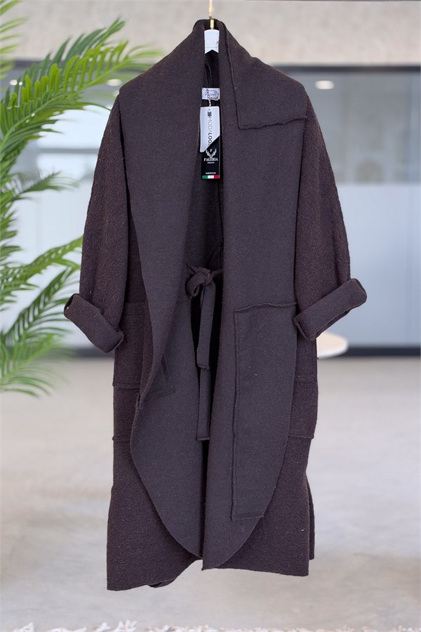 Oversize Kalıp Önden Bağlamalı Uzun Boy Keçe Kaban Acı Kahve Renk