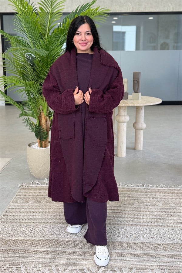 Oversize Kalıp Önden Bağlamalı Uzun Boy Keçe Kaban Bordo Renk