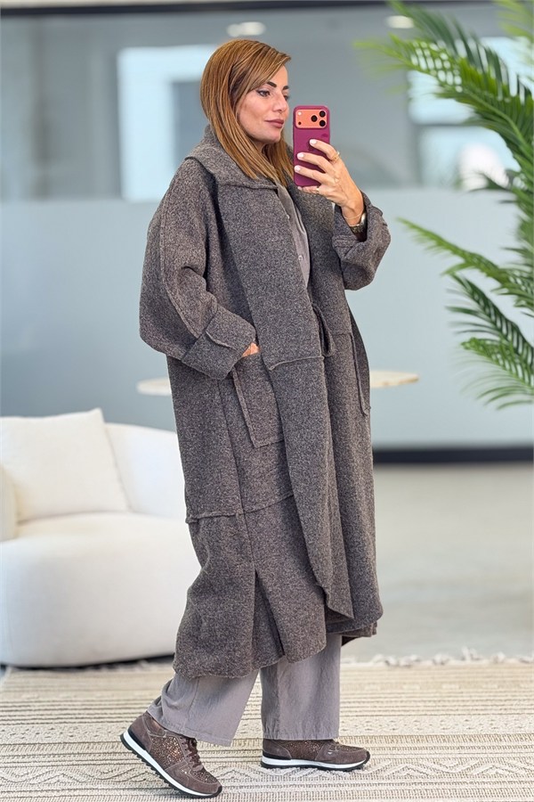 Oversize Kalıp Önden Bağlamalı Uzun Boy Keçe Kaban Vizon Renk