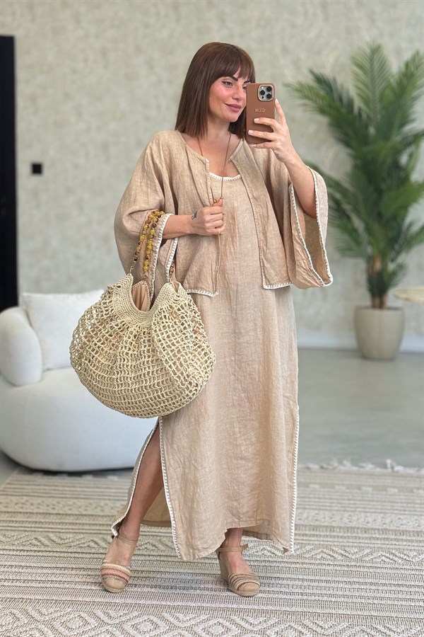 Oya Detaylı Elbise Ve Ceket Keten Takım Camel Renk