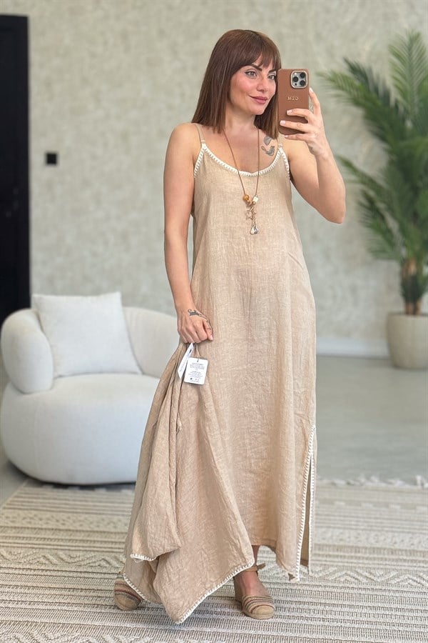 Oya Detaylı Keten Elbise Camel Renk