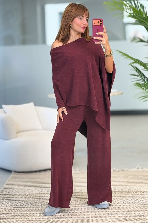 Panço Ve Pantolonlu Alt Üst Triko Takım Bordo Renk