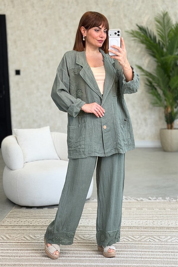 Papatya File Detaylı Blazer Pantolonlu Alt Üst Keten Takım Haki Renk