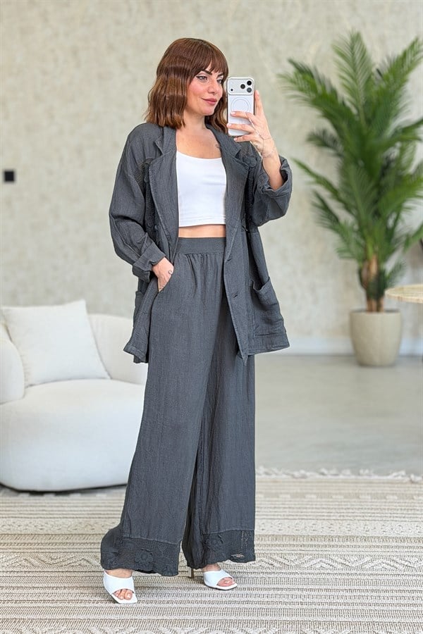 Papatya File Detaylı Blazer Pantolonlu Alt Üst Keten Takım Antresit Renk