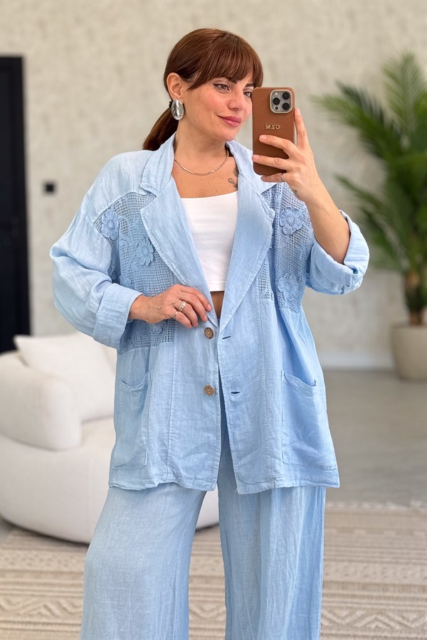 Papatya File Detaylı Blazer Pantolonlu Alt Üst Keten Takım Bebe Mavi Renk