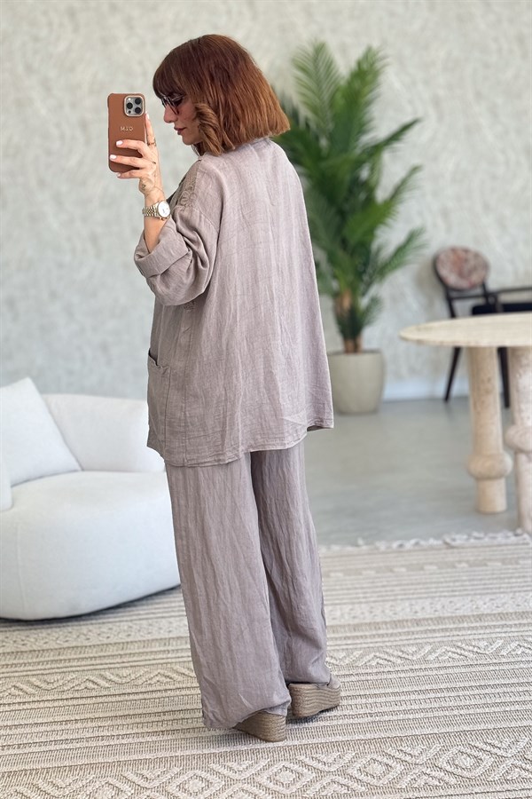 Papatya File Detaylı Blazer Pantolonlu Alt Üst Keten Takım Vizon Renk