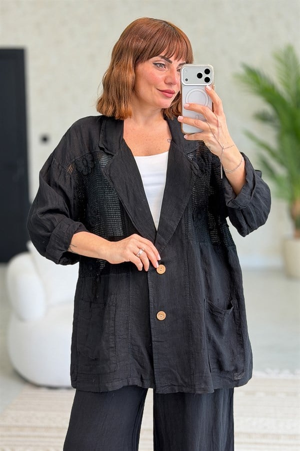 Papatya File Detaylı Blazer Pantolonlu Alt Üst Keten Takım Siyah Renk