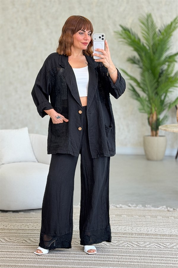 Papatya File Detaylı Blazer Pantolonlu Alt Üst Keten Takım Siyah Renk