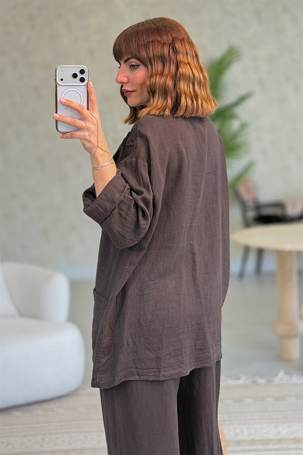 Papatya File Detaylı Blazer Pantolonlu Alt Üst Keten Takım Acı Kahve Renk