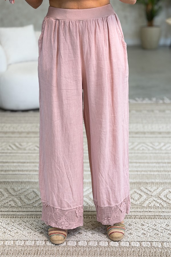 Papatya File Detaylı Blazer Pantolonlu Alt Üst Keten Takım Pudra Renk