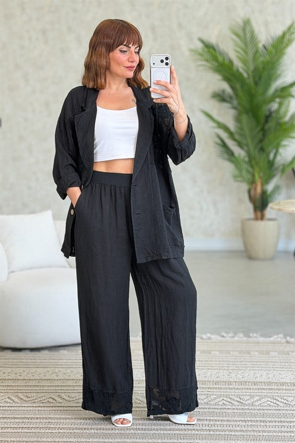 Papatya File Detaylı Blazer Pantolonlu Alt Üst Keten Takım Siyah Renk