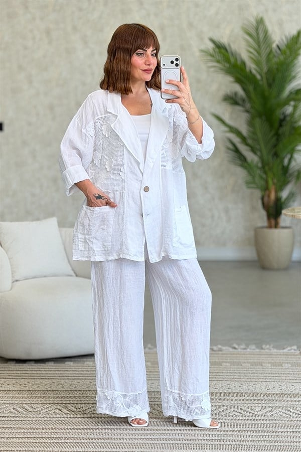 Papatya File Detaylı Blazer Pantolonlu Alt Üst Keten Takım Beyaz Renk