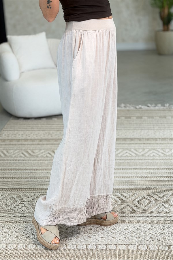 Papatya File Detaylı Blazer Pantolonlu Alt Üst Keten Takım Bej Renk