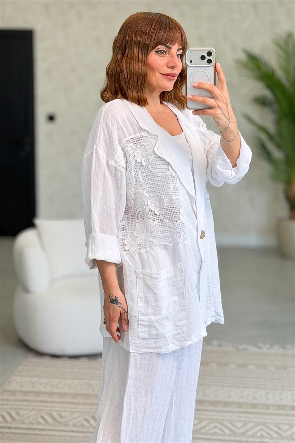 Papatya File Detaylı Blazer Pantolonlu Alt Üst Keten Takım Beyaz Renk