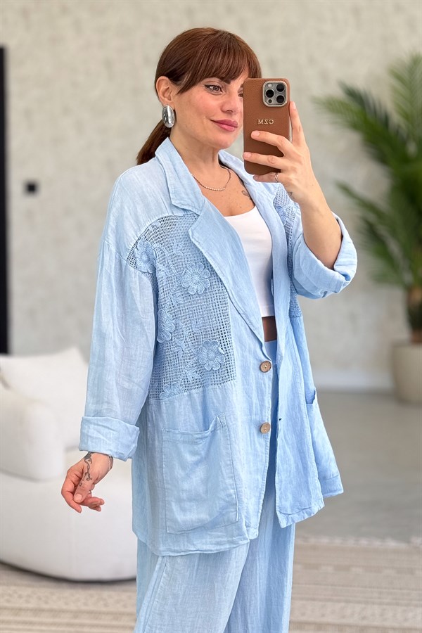 Papatya File Detaylı Blazer Pantolonlu Alt Üst Keten Takım Bebe Mavi Renk