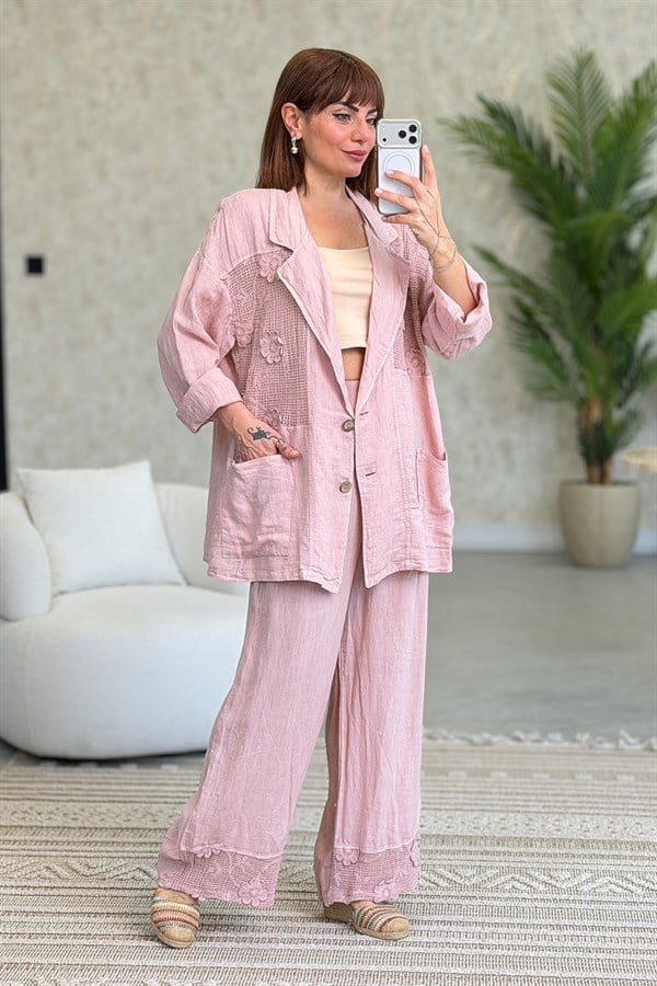 Papatya File Detaylı Blazer Pantolonlu Alt Üst Keten Takım Pudra Renk