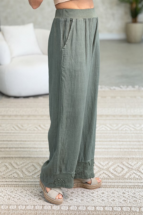 Papatya File Detaylı Blazer Pantolonlu Alt Üst Keten Takım Haki Renk