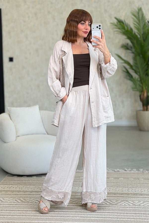 Papatya File Detaylı Blazer Pantolonlu Alt Üst Keten Takım Bej Renk