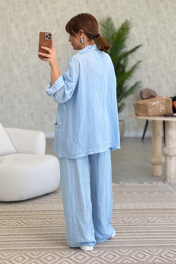 Papatya File Detaylı Blazer Pantolonlu Alt Üst Keten Takım Bebe Mavi Renk