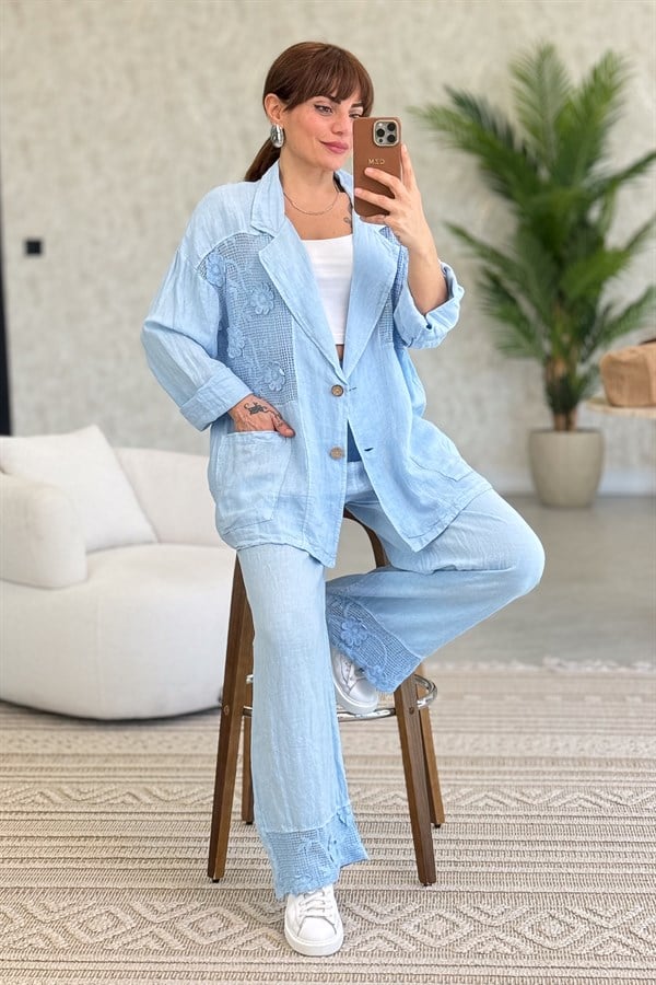 Papatya File Detaylı Blazer Pantolonlu Alt Üst Keten Takım Bebe Mavi Renk