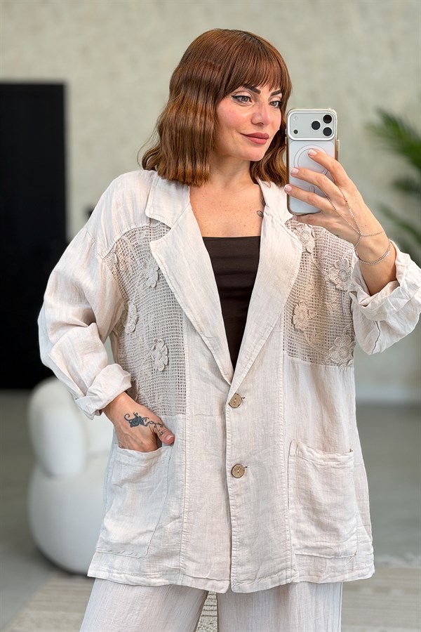 Papatya File Detaylı Blazer Pantolonlu Alt Üst Keten Takım Bej Renk