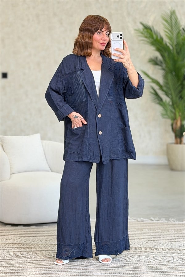 Papatya File Detaylı Blazer Pantolonlu Alt Üst Keten Takım Lacivert Renk