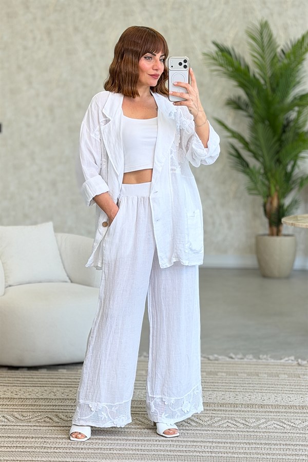 Papatya File Detaylı Blazer Pantolonlu Alt Üst Keten Takım Beyaz Renk