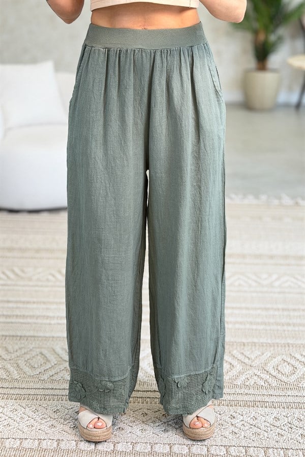 Papatya File Detaylı Blazer Pantolonlu Alt Üst Keten Takım Haki Renk