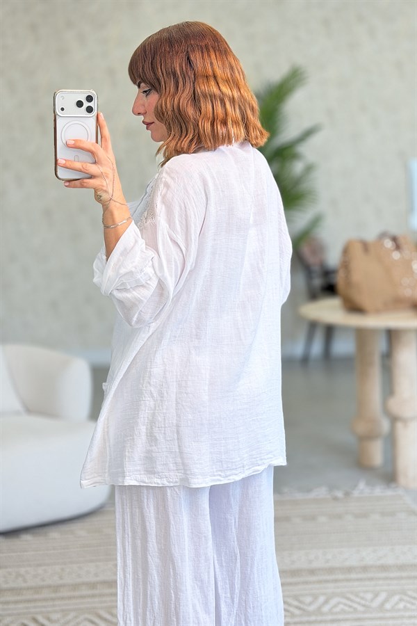 Papatya File Detaylı Blazer Pantolonlu Alt Üst Keten Takım Beyaz Renk