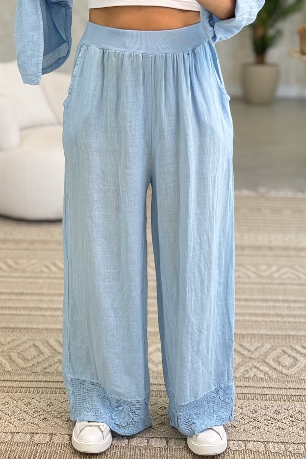 Papatya File Detaylı Blazer Pantolonlu Alt Üst Keten Takım Bebe Mavi Renk