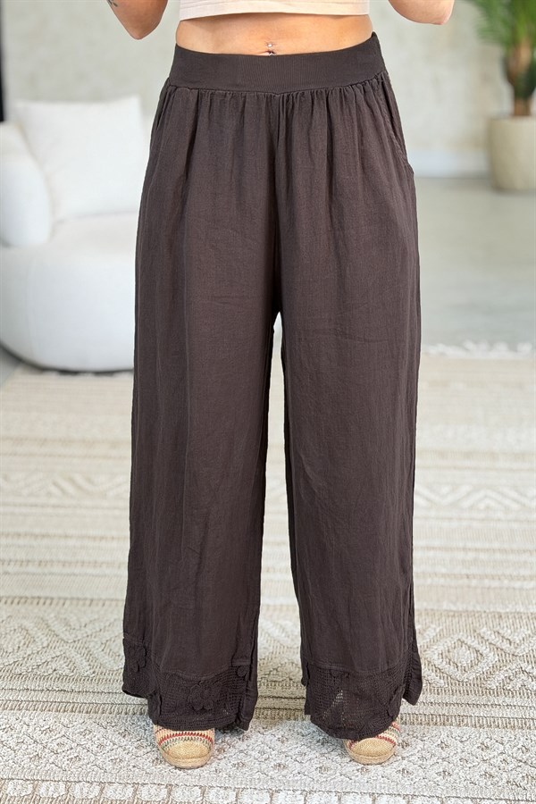 Papatya File Detaylı Blazer Pantolonlu Alt Üst Keten Takım Acı Kahve Renk